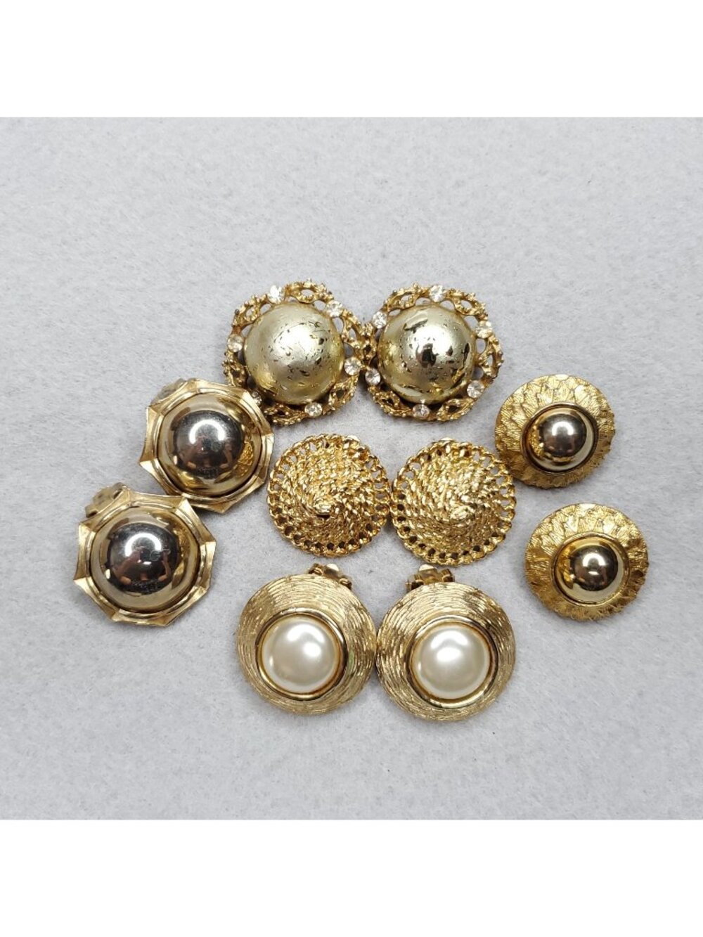 Vintage Clip On Earring Lot Gold Tone Round Domes Textured Faux Pearl 5pr